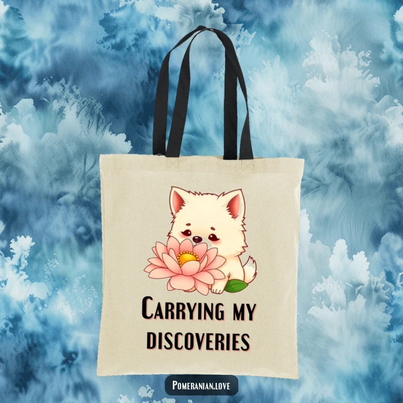 Funny tote bag featuring a curious Pomeranian sniffing a giant flower, perfect for carrying groceries or pet supplies.