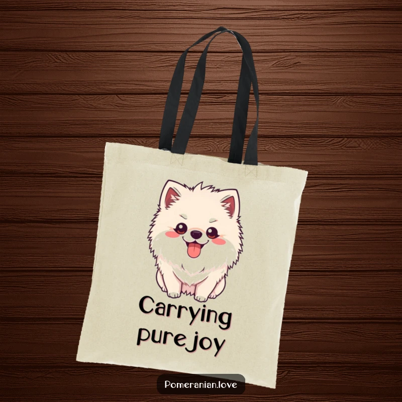 Funny Pomeranian happy pant tote bag, a cheerful dog with tongue out, panting happily, a cute and humorous accessory.