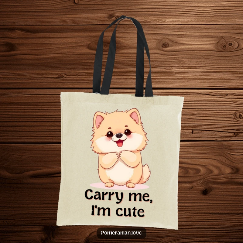 Funny Pomeranian tote bag with an eager dog yapping and begging for a hug. Ideal for carrying items with a humorous and affectionate flair.