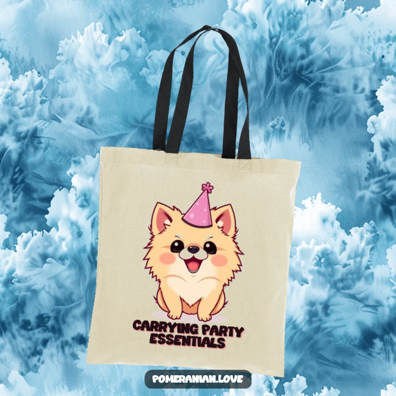 Funny Pomeranian tote bag with a dog in a party hat, wagging tail, ideal for carrying essentials with a smile.