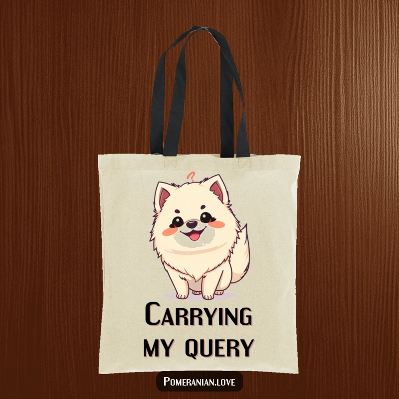 Funny Pomeranian question tail tote bag, a grinning dog with tail like a question mark, perfect for carrying essentials humorously.