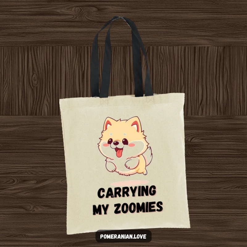 Funny Pomeranian dog mid-run, tongue out, captured on a sturdy tote bag for stylish, humorous carrying.