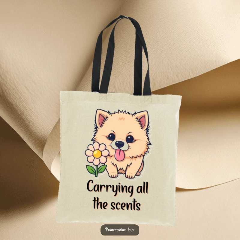 Funny Pomeranian tote bag, a curious dog sniffing a flower, practical and humorous pet-themed accessory.