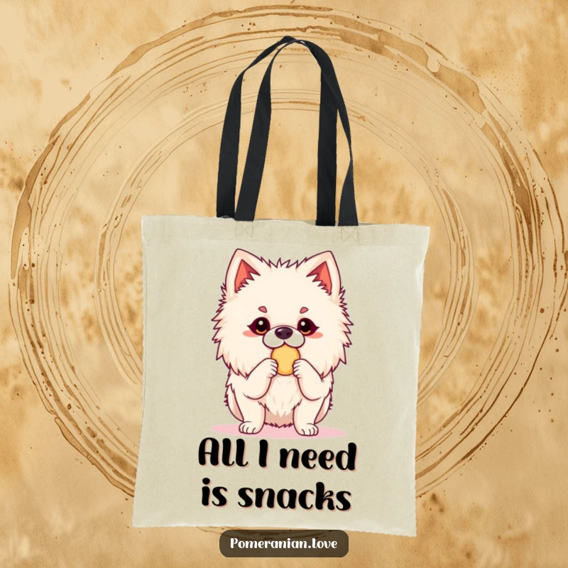 Funny Pomeranian tote bag with an alert dog in a ready stance for a treat. Ideal for carrying items with a humorous and food-loving flair.