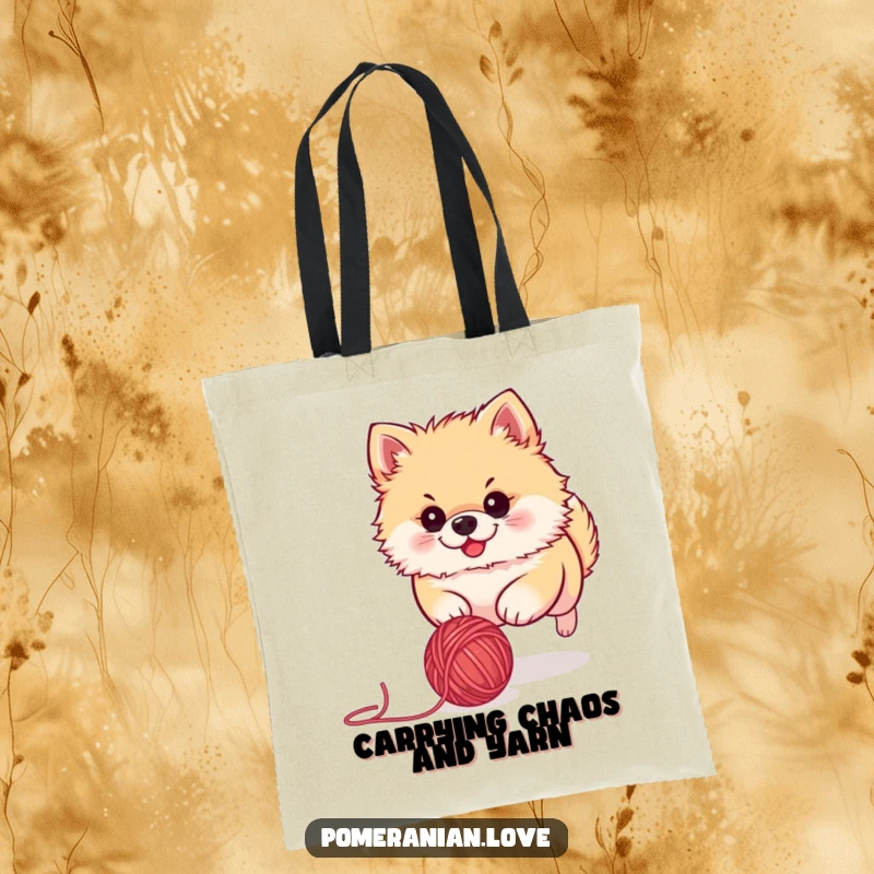 Funny Pomeranian tote bag illustrating a focused dog with determined eyes, chasing a rolling yarn ball. Great for carrying daily items.