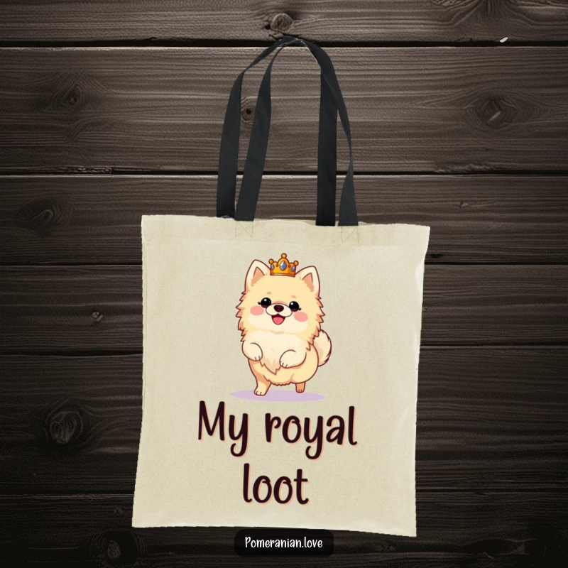 Funny tote bag featuring a fluffy Pomeranian wearing a crown and prancing joyfully, a regal and humorous accessory.