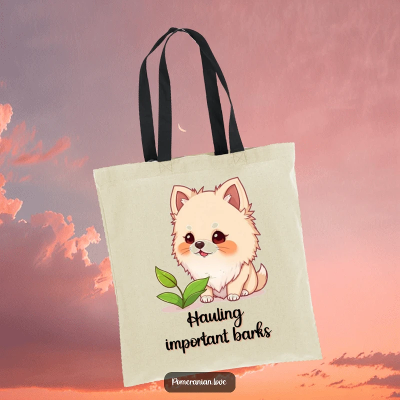 Funny tote bag featuring a fluffy-eared Pomeranian dog barking with enthusiasm at a single floating leaf in a playful manner.