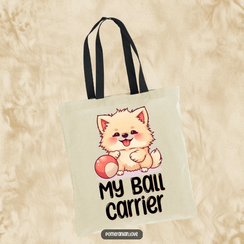 Funny tote bag featuring a joyful Pomeranian playing with a colorful bouncy ball, perfect for carrying daily items.