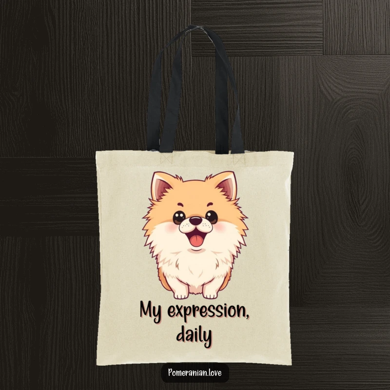 Funny surprised Pomeranian tote bag, wide eyes, open mouth, shopping bag, cute dog accessory.