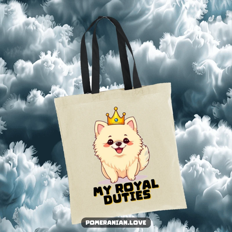 Funny royal Pomeranian tote bag featuring a crowned dog joyfully shaking its fluffy tail with glee.