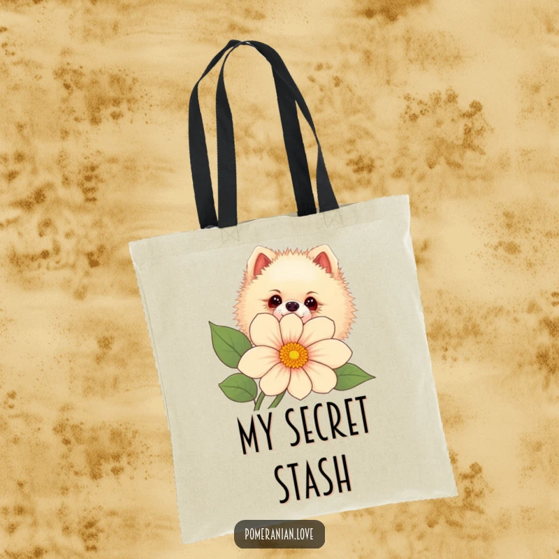 Funny Pomeranian dog peeking curiously from behind a large flower on a durable tote bag.