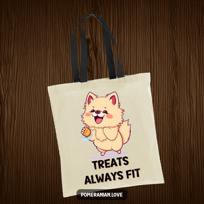 Funny tote bag featuring an excited Pomeranian dog jumping for a treat, ideal for daily errands.